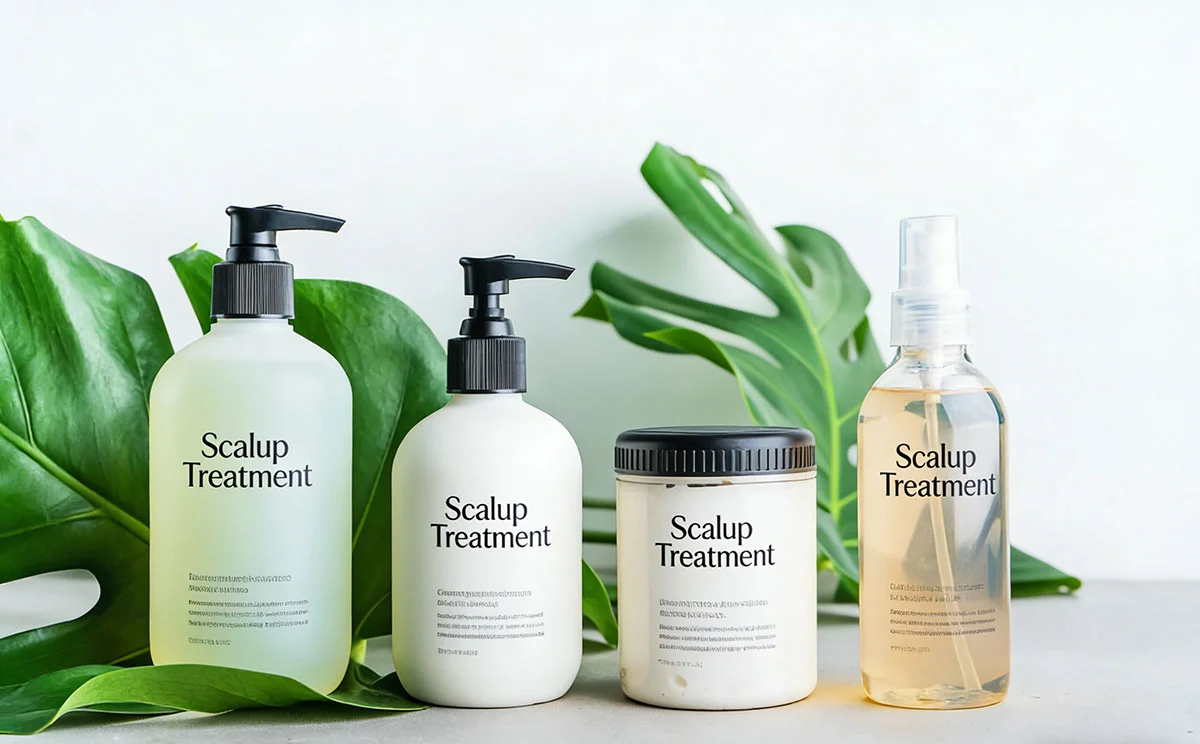 Four scalp treatment products with minimalist packaging displayed alongside large green tropical leaves.